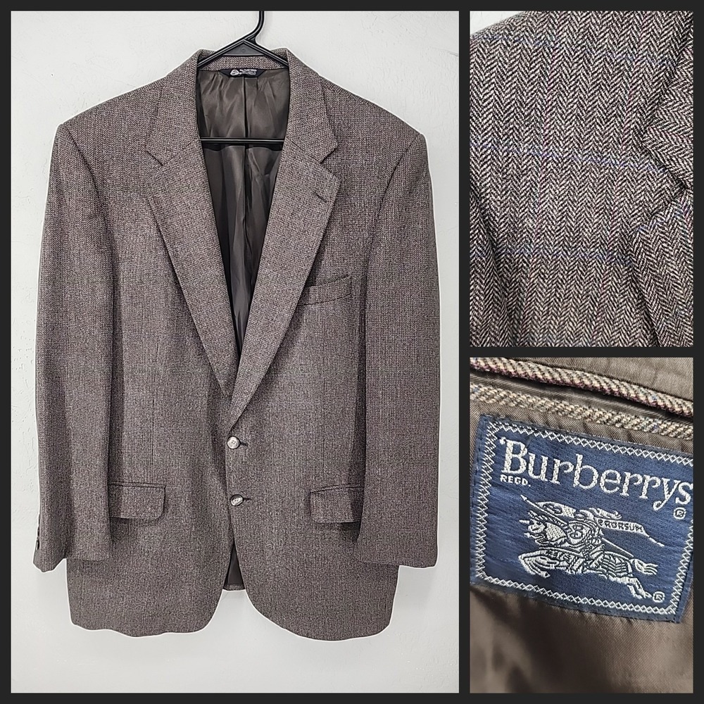 Vintage Burberrys Gray Herringbone Wool Blazer Sport Coat Vintage Mens Chest 46
